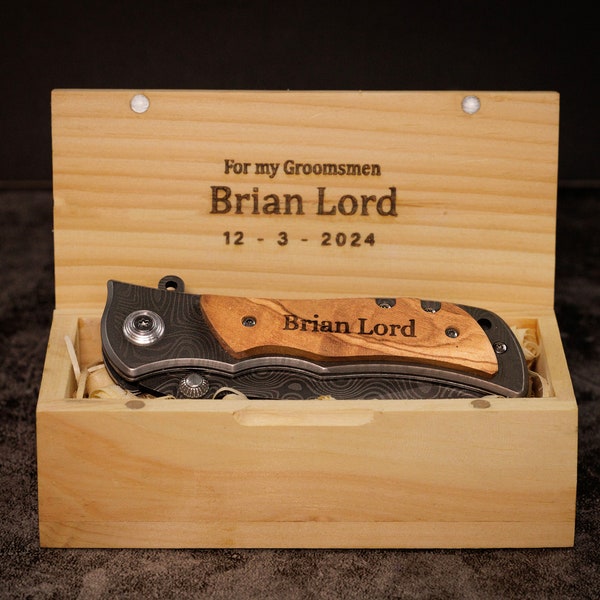 Personalized Engraved Pocket Knife with a wooden gift box, Gift for him on Wedding Anniversary, Christmas, Birthday, Gift for Groomsmen,