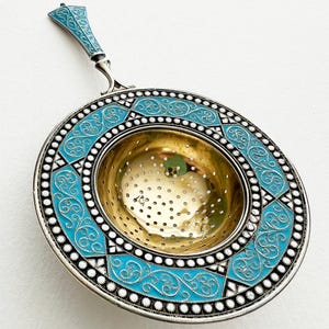 Antique David Andersen Sterling Silver and Enamel Tea Strainer Denmark 1898