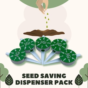 May include: An illustration of a seed saving dispenser pack. The pack includes five green and grey dispensers with the word "JiGi" and numbers on the top. The image also shows seeds being planted and the text "SEED SAVING DISPENSER PACK".