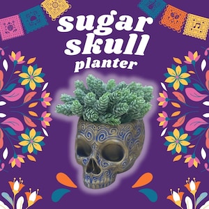 以下が含まれることがあります： 金と青のシュガースカルプランターに緑の多肉植物が入っています。スカル型のプランターには渦巻き模様があります。背景は紫で、花柄や装飾的な要素があります。