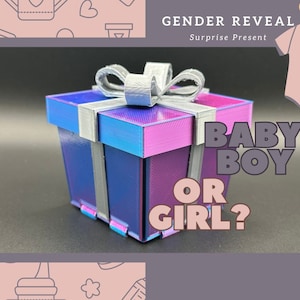 May include: A small, iridescent gift box with a silver bow. The box is on a purple background with the text "GENDER REVEAL Surprise Present" and "BABY BOY OR GIRL?"