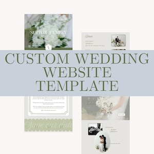 May include: A custom wedding website template featuring a soft sage green and white colour palette. The layout includes sections for event details, a save the date, and photo placeholders with text reading Sutton & Emery and Save our date.