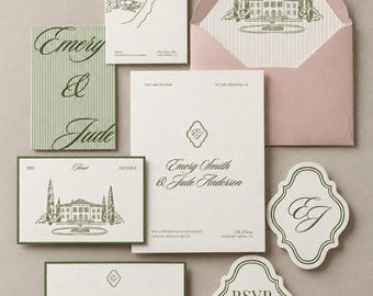 May include: A wedding stationery suite featuring a dusty pink envelope with a striped liner, and several white cards with green ink. The cards display illustrations of a villa, text including "Emery & Jude," "Rehearsal Dinner," and "RSVP," and a monogram.