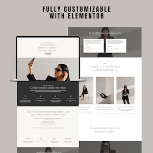 Può includere: Un modello di design del sito web con il testo "FULLY CUSTOMIZABLE WITH ELEMENTOR". Il design include un laptop che mostra un sito web, testimonianze di clienti e una guida di lancio in tre fasi. Il tema generale è moderno e professionale.