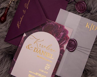 Wedding Wedding Invitation Invitation Card Seal Stamp Purple Berry Gold Personalized