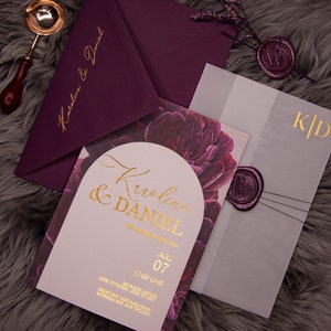 Hochzeit Hochzeitseinladung Einladungskarte Siegelstempel Lila Beere Gold personalisiert