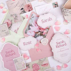 VINTAGE Hochzeitseinladung Blumen Rosa Grün