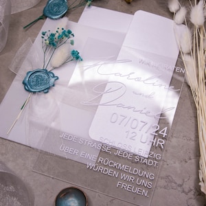 Matrimonio invito matrimonio biglietto d'invito sigillo in vetro acrilico timbro nastro personalizzato fiori secchi blu beige