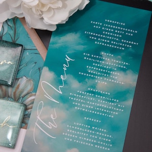 Hochzeitseinladung Hochzeit Papeterie Büttenpapier Blau Menükarte Namensschild