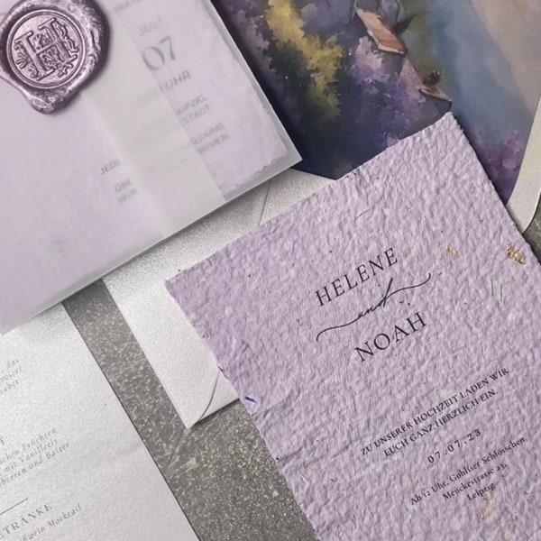 Wedding invitation wedding stationery lilac handmade paper menu card name plate
