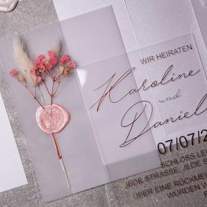 Bruiloft uitnodiging acryl glas rosé goud roze menukaart naambordje