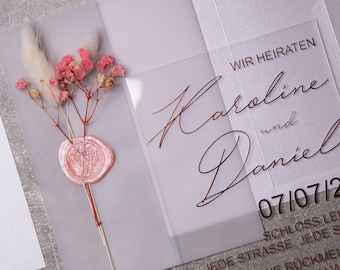 Hochzeit Hochzeitseinladung Acrylglas Roségold Rosa Menükarte Namensschild