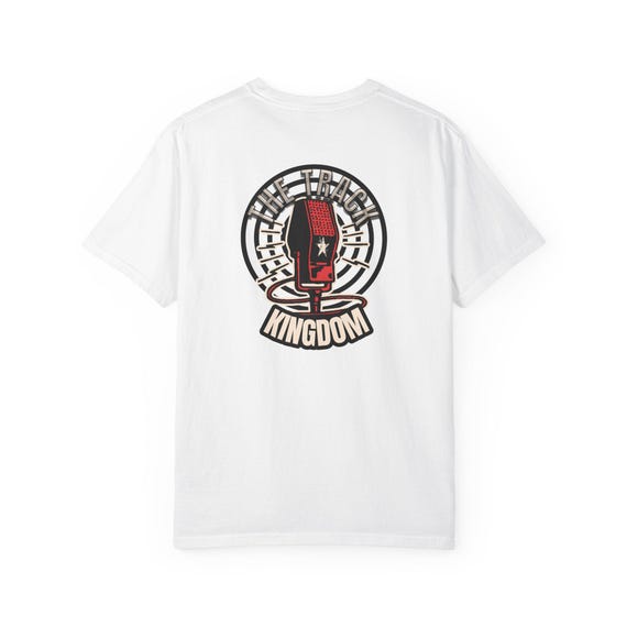 Retro Microphone Kingdom Tee | Vintage Radio Front/Back Logo, Music Theme styled flat lay