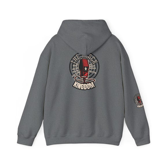 Track Kingdom Emblem Hoodie | Retro Crest Logo on Chest, Back & Sleeves styled flat lay