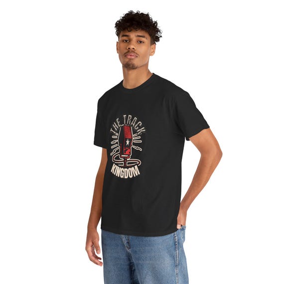 Retro Microphone Kingdom Tee | Vintage Radio Logo, Music Theme styled flat lay
