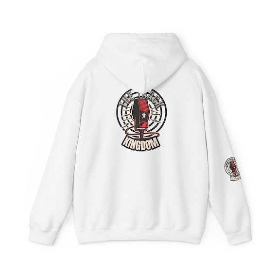 Track Kingdom Emblem Hoodie | Retro Crest Logo on Chest, Back & Sleeves styled flat lay