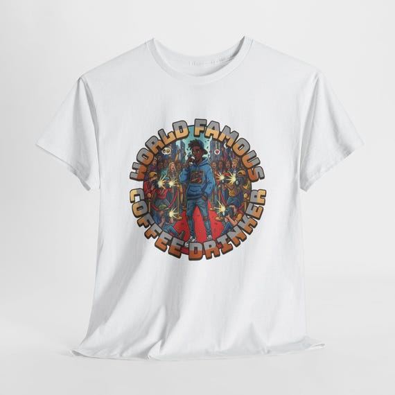 World Famous Coffee Drinker Tee — Retro Coffee Lover Graphic T-Shirt styled flat lay