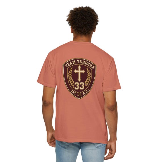 Comfort Colors -"Team Yahusha" Cross Shield 33 T-Shirt | Religious Faith Emblem styled flat lay
