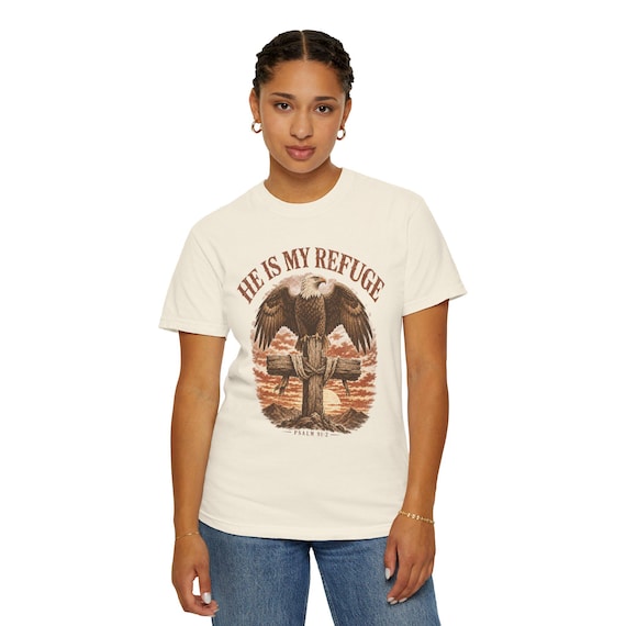 He Is My Refuge Eagle Cross T-shirt | Faith Vintage Graphic