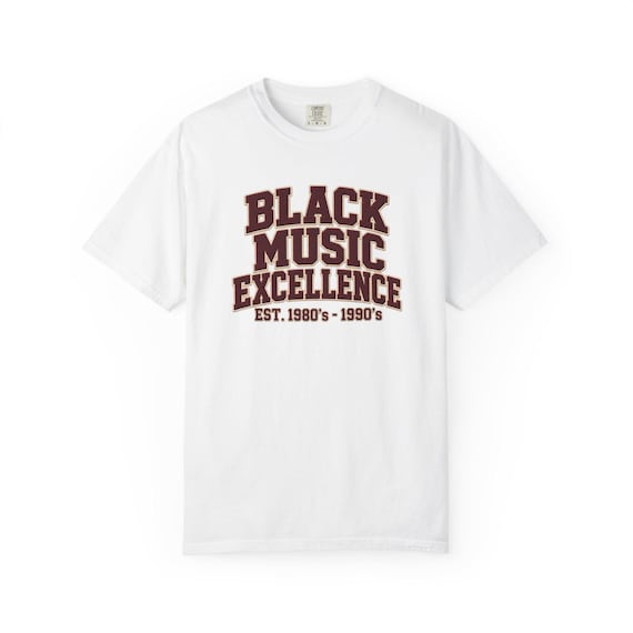 Black Music Excellence 1980's-1990's Tee | Retro Collegiate Music Typography styled flat lay