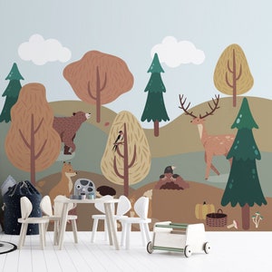 Carta da parati autunnale con animali della foresta / Carta da parati minimal Foresta Orso Volpe Cervo / Carta da parati per bambini / Carta da parati forestale per la stanza della scuola materna