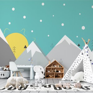 Mountains Snow Wallpaper, Minimal Snow Mountains wallpaper for kids, Wall Mural for kids, Nursery room snow mountains wallpaper
