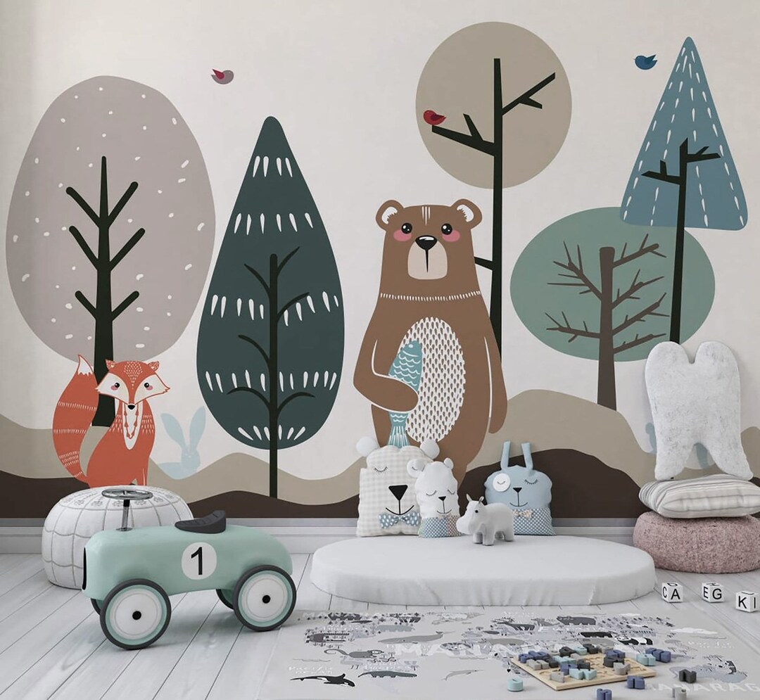 Forest Nursery Wallpaper, Forest Animals Wallpaper, Bear and Fox ...