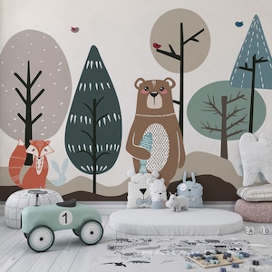 Carta da parati per la scuola materna della foresta, carta da parati con animali della foresta, orso e volpe, murale minimale per bambini Bosco, alberi, carta da parati per bambini,