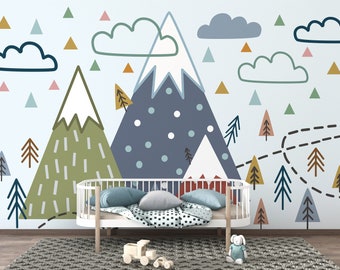 Papier peint montagnes enneigées, papier peint montagnes enneigées minimal pour enfants, décoration murale pour enfants, papier peint forêt montagnes pépinière minimal