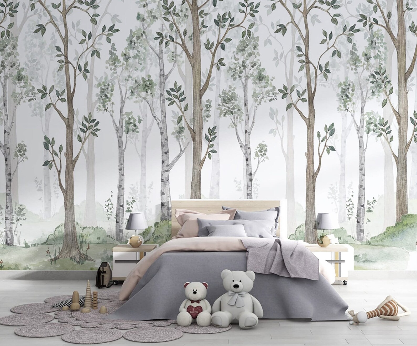 Forest Watercolor Trees Wallpaper | Wall Mural for Kids Boys Girls