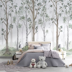 Forêt aquarelle Arbres Papier peint | Papier peint pour enfants garçons filles | Forêt de pépinières Papier peint | Papier peint arbres forestiers pour enfants