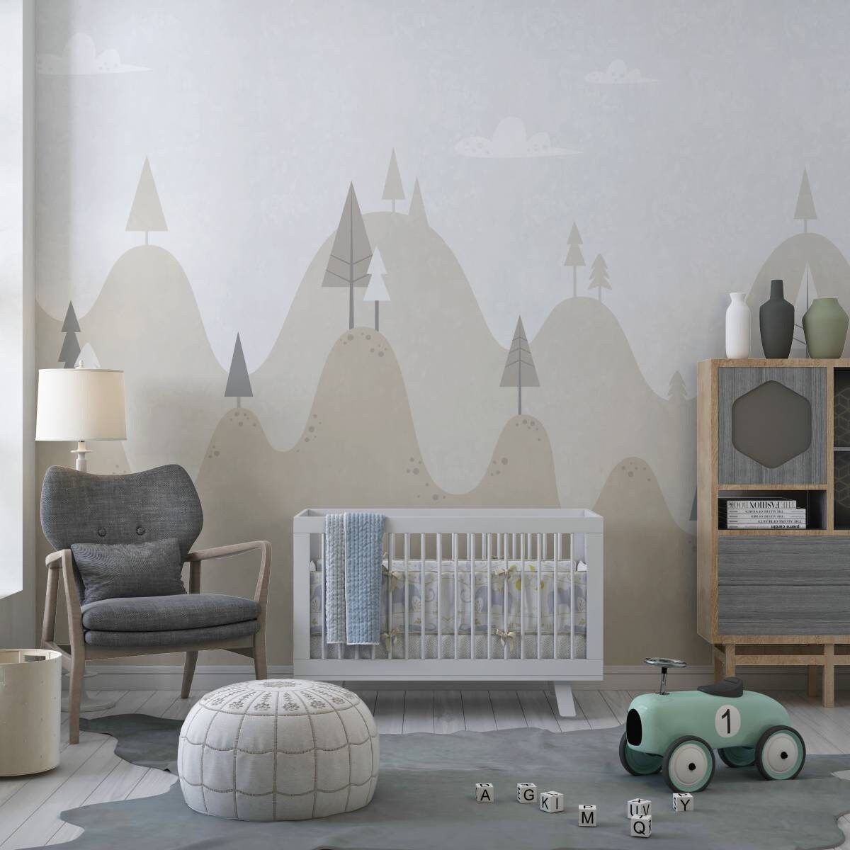 Mountain Nursery Wallpaper, Peel and Stick, Woodland Animals Trees Wall ...