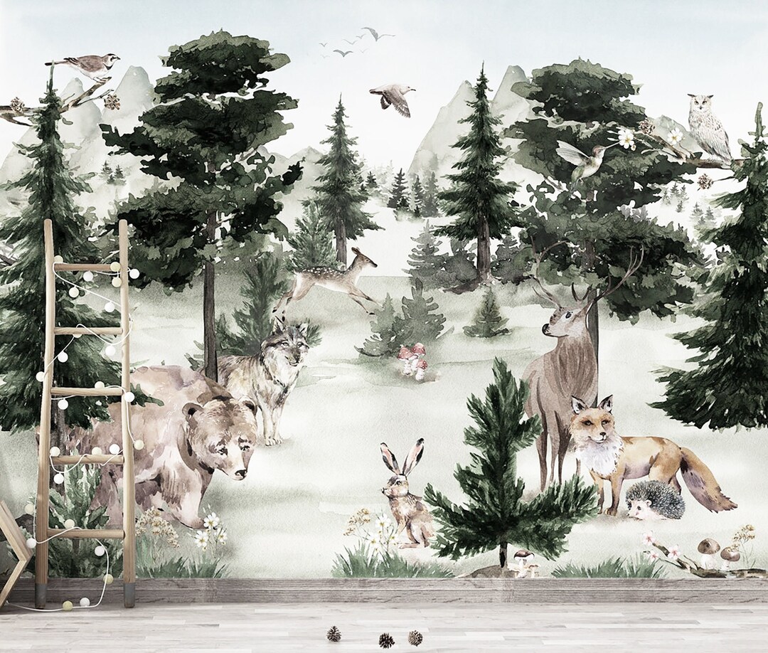Forest Animals Watercolor Wallpaper | Woodland Wall Mural for Kids ...