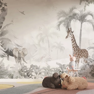 Jungle Nursery Wallpaper, Safari Wallpaper, Pale jungle wallpaper, Elephant, giraffe, tropical wallpaper, watercolor wallpaper,