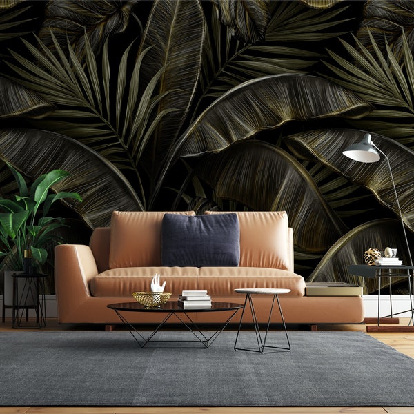 Tropical Leaf Wallpaper, Dark leaf Wallpaper, Peel Stick Leaves Removable Wallpaper, Banana Leaves wallpaper, Leaf Mural Art, Exotic