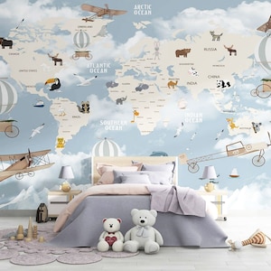 Carte du monde kid Fonds d'écran | Papier peint animal du monde pour fille garçon | Carte de chambre d'enfant Papier peint | Papier peint pour enfants | Murale d'animaux sauvages | Carte bleue