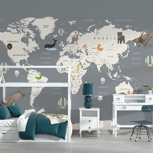 Carte du monde kid Fonds d'écran | Papier peint animal du monde pour enfants garçons filles | Carte de chambre d'enfant Papier peint | Papier peint pour enfants | Décoration murale animaux sauvages