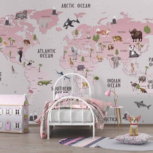 Weltkarte Kind Wallpaper | Weltentiere Wandbild für Mädchen | Kinderzimmer Karte Tapete | Tapete für Kinder | Wilde Tiere Wandbild | Weltkarte in rosa
