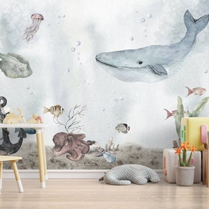 Carta da parati per vivaio oceanico, murale subacqueo ad acquerello per bambini, carta da parati balena Beluga, pesci rossi, coralli, carta da parati per bambini di mare