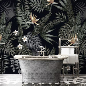 Papier peint floral tropical : décoration murale feuilles exotiques sombres