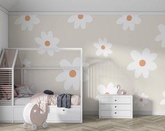 Daisy behang, bloemenbehang, bloemenmuurschildering, bloemmotief, pastel bloemenbehang, kinderkamerbehang, huurdervriendelijke bloemen