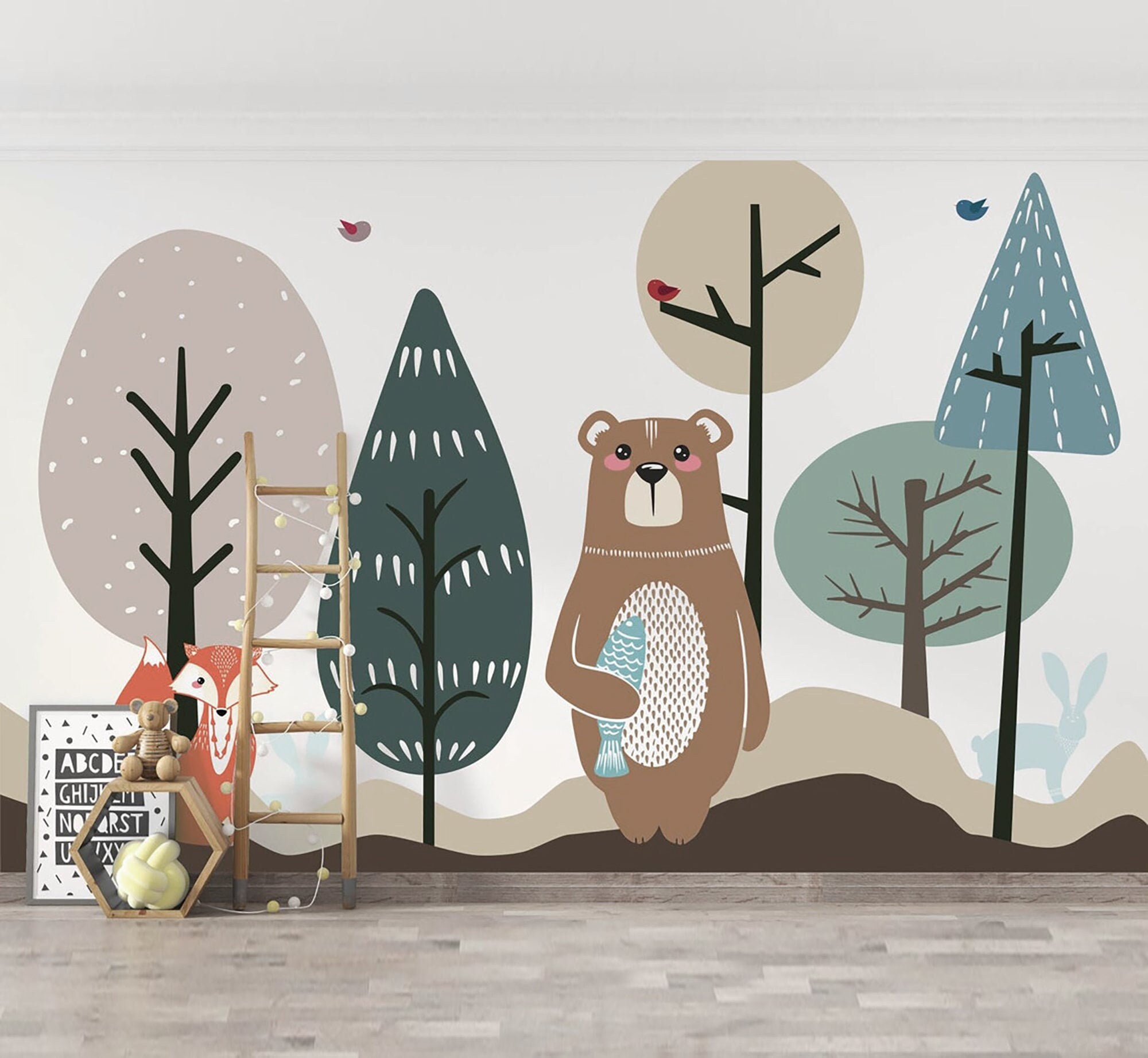 Forest Nursery Wallpaper, Forest Animals Wallpaper, Bear and Fox