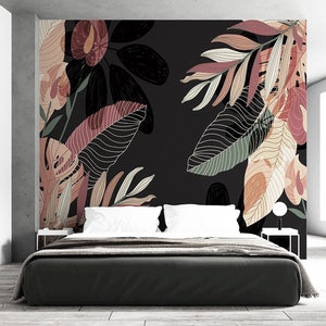 Papier peint Feuilles tropicales sombres : Papier peint feuille de palmier exotique