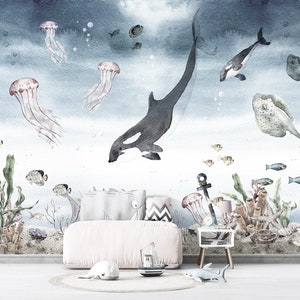 Ocean Nursery Wallpaper, Underwater Wallpaper, Sea Wallpaper, Whale Wallpaper, Watercolor ocean wallpaper, Jellyfish Skate Coral