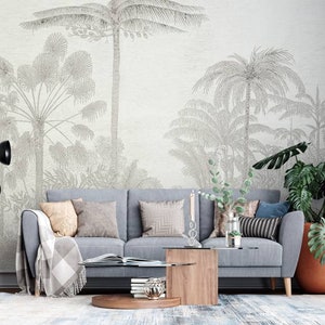 Papier peint feuille de palmier tropical : imprimé jungle grise exotique