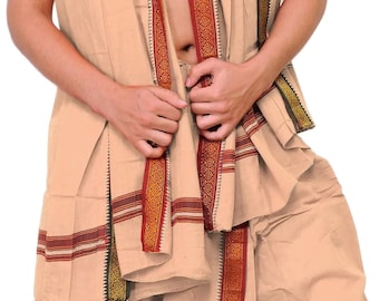 Fertig zu tragen Dhoti und Angavastram Set mit gewebten Tempel Borte