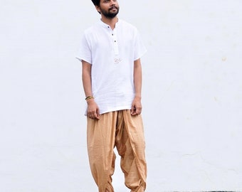 Isha’s Ready to wear Unisex Dhoti Pants - half moon printed (Khaki) / Panchakacham. Easy to pull on.