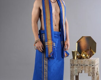 Drape Style Dhoti-Veshti Pure Cotton Set With Stripe Combination Pattern Woven Border