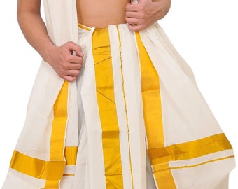 Schneeweißes Dhoti- und Veshti-Set aus Kerala mit breitem goldenen Rand