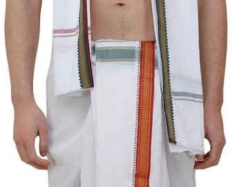 Bright-white Veshti and Angavastram Set with Woven Temple Border